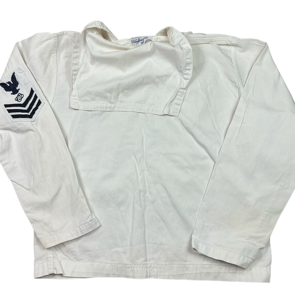 Vintage 1940s Seafarer sanforized white/navy Sailor uniform top USA size Medium